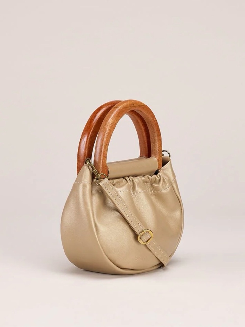 Sarep + Rose Taupe Leather Circle Handle Bag with Wooden Handles